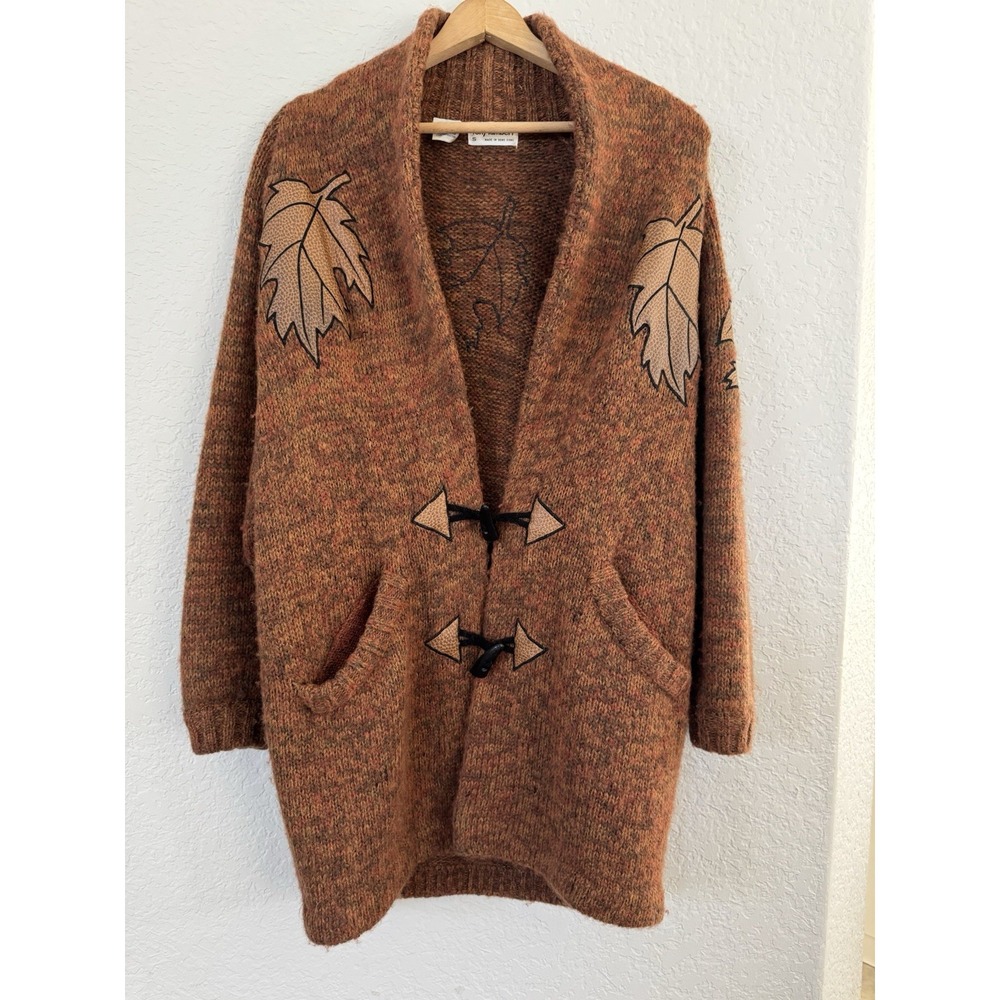 Vintage 1980s Tony Lambert Cardigan Sweater Shawl Collar Leather Fall Leaves S - Picture 5 of 9